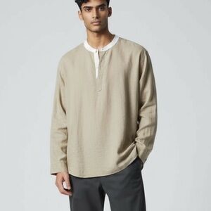 NWT Isle Bay Linens Men's Beige Long Sleeve Linen shirt w/ Roll-tab sleeves  XXL